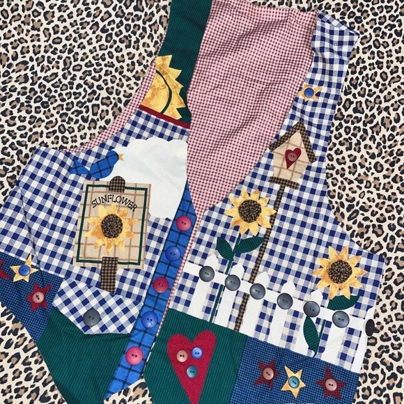 Vintage 90s Kitschy Aesthetic Vest Adjustable Home Made Sunflower Garden Picket - Picture 2 of 4